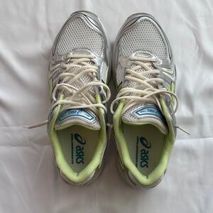 ASICS Gel- Kayano 14; silver, white, and lime